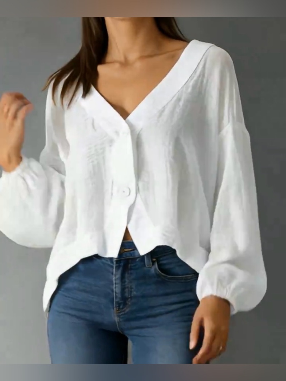 Fashion White Button-Front V-Neck Blouse